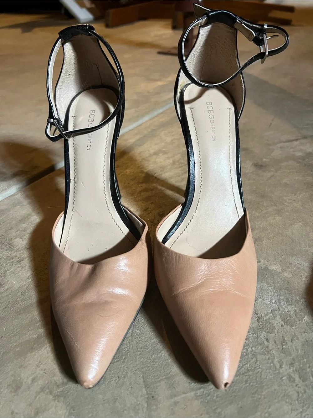 BCBGeneration Black & Blush Pointed-Toe Ankle-Strap Heels